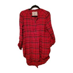 Anthropologie Holding Horses Plaid Longtail Tunic S Red Long Sleeve High Low
